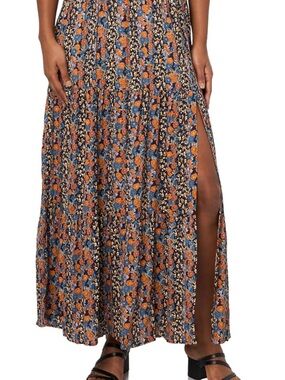 Angie Navy Floral Tiered Midi Skirt with Side Slit